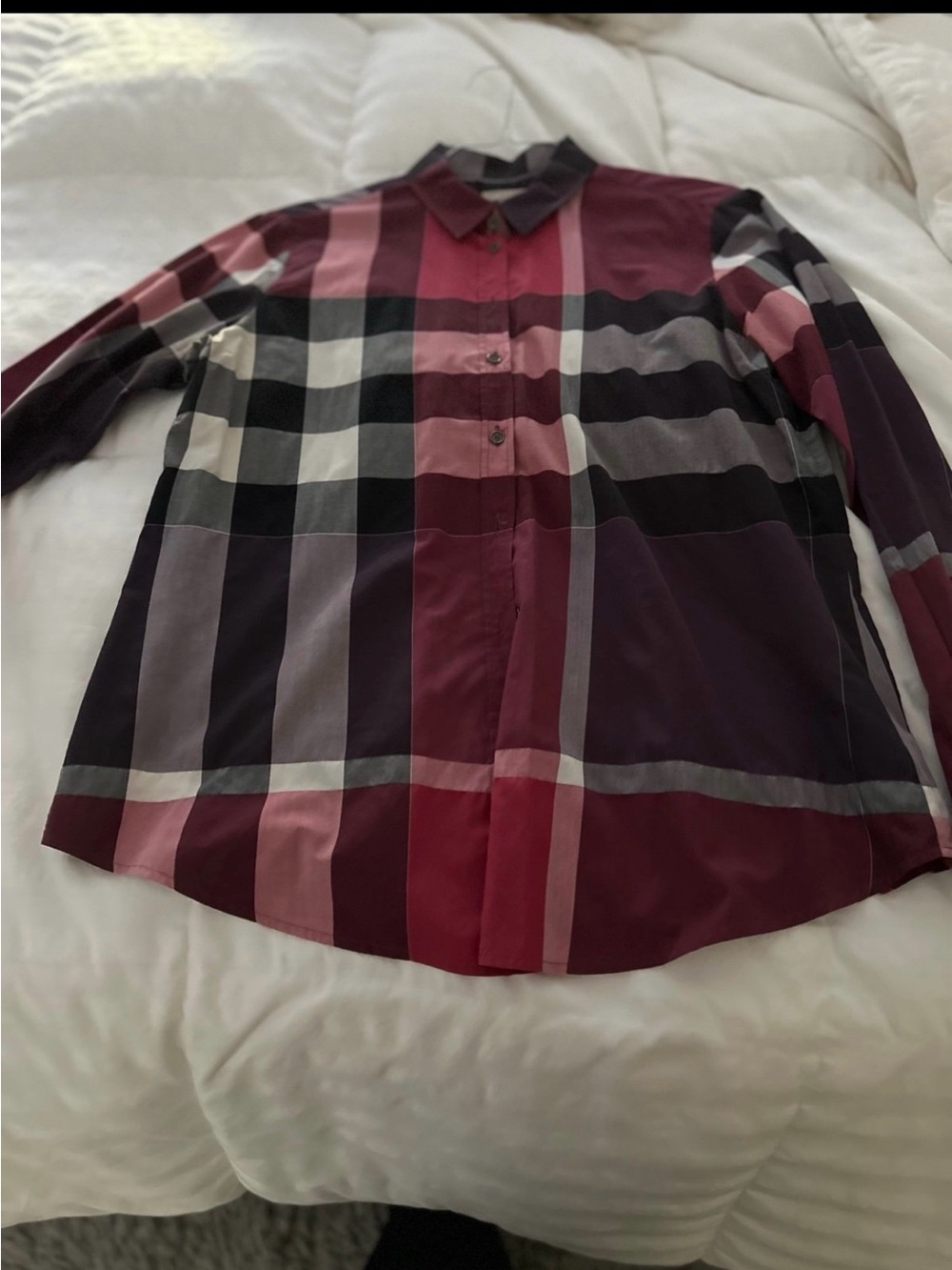 Burberry women’s Plaid Long-Sleeve Button-Up Shirt in Burgundy and Black